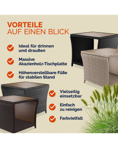 Grey Rattan Side Table with Acacia Wood Top